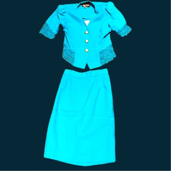VINTAGE SL Fashions 2-piece skirt suit SET teal turquoise lace blazer 70s 80s - Picture 8 of 16